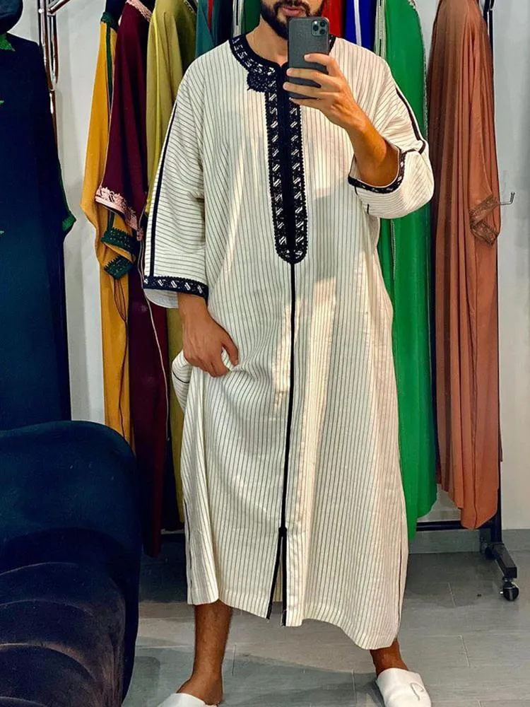 Ethnische Kleidung Muslim Mode Männer Robe Kleid Lange Abaya Kaftan Islamische Arabische 2021 Gestreifter Druck Patchwork Shirt270n