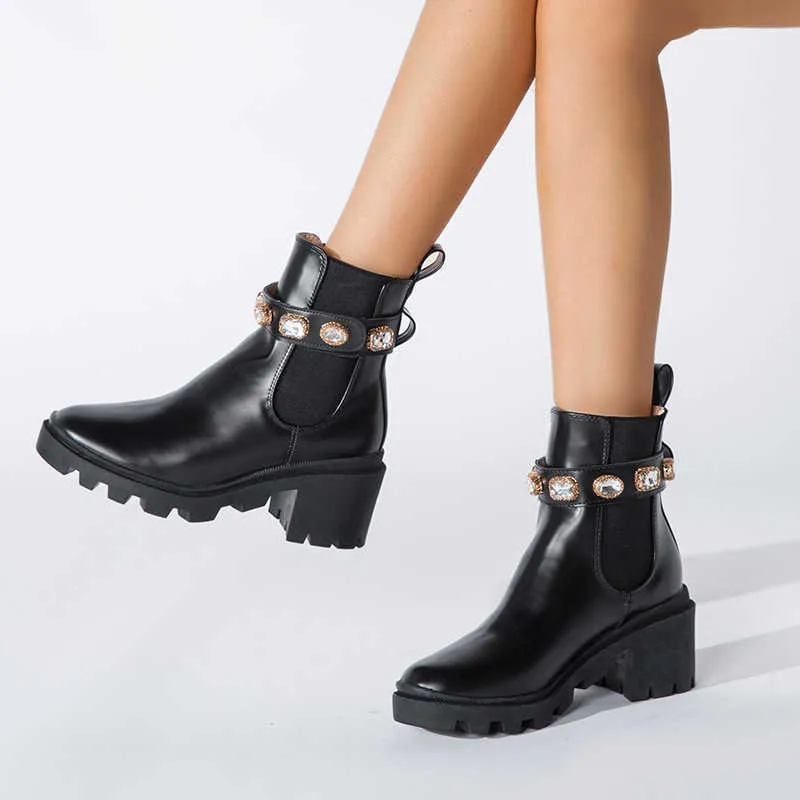 Rock chaussures femme bottes-femmes cristal bout rond luxe concepteur mi-mollet 2021 dames automne strass caoutchouc mode haute Y1018