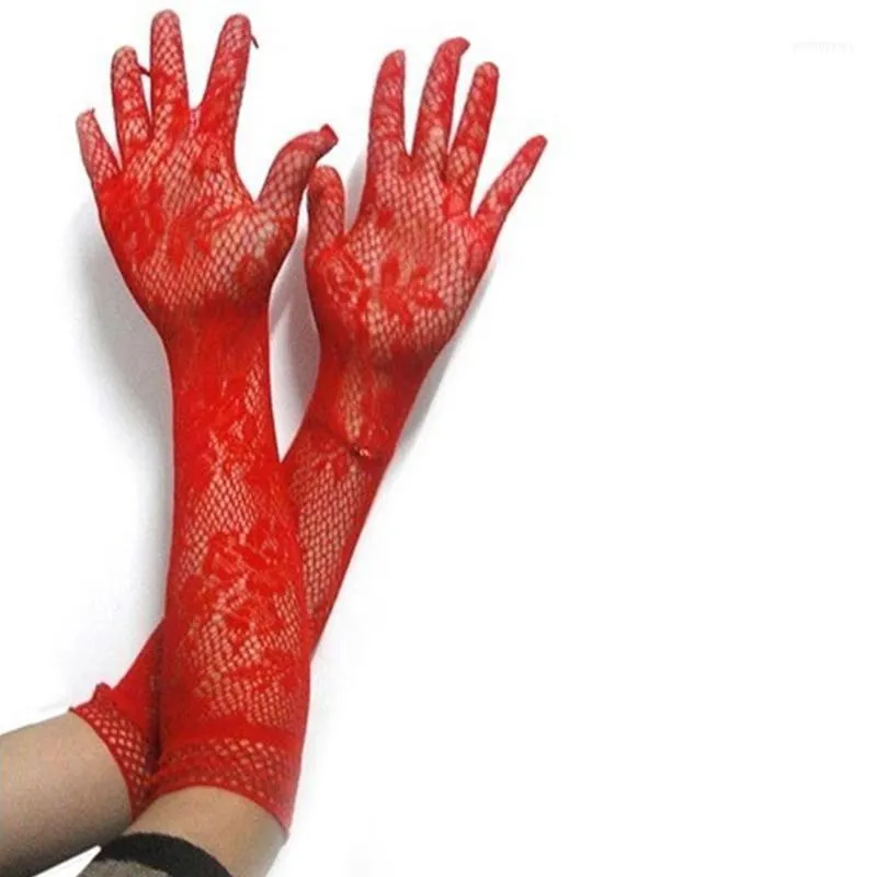 Sun UV защитные перчатки сексуальные цветочные принты длинные кружева женщины варежки летние дамы черный красный белый1
