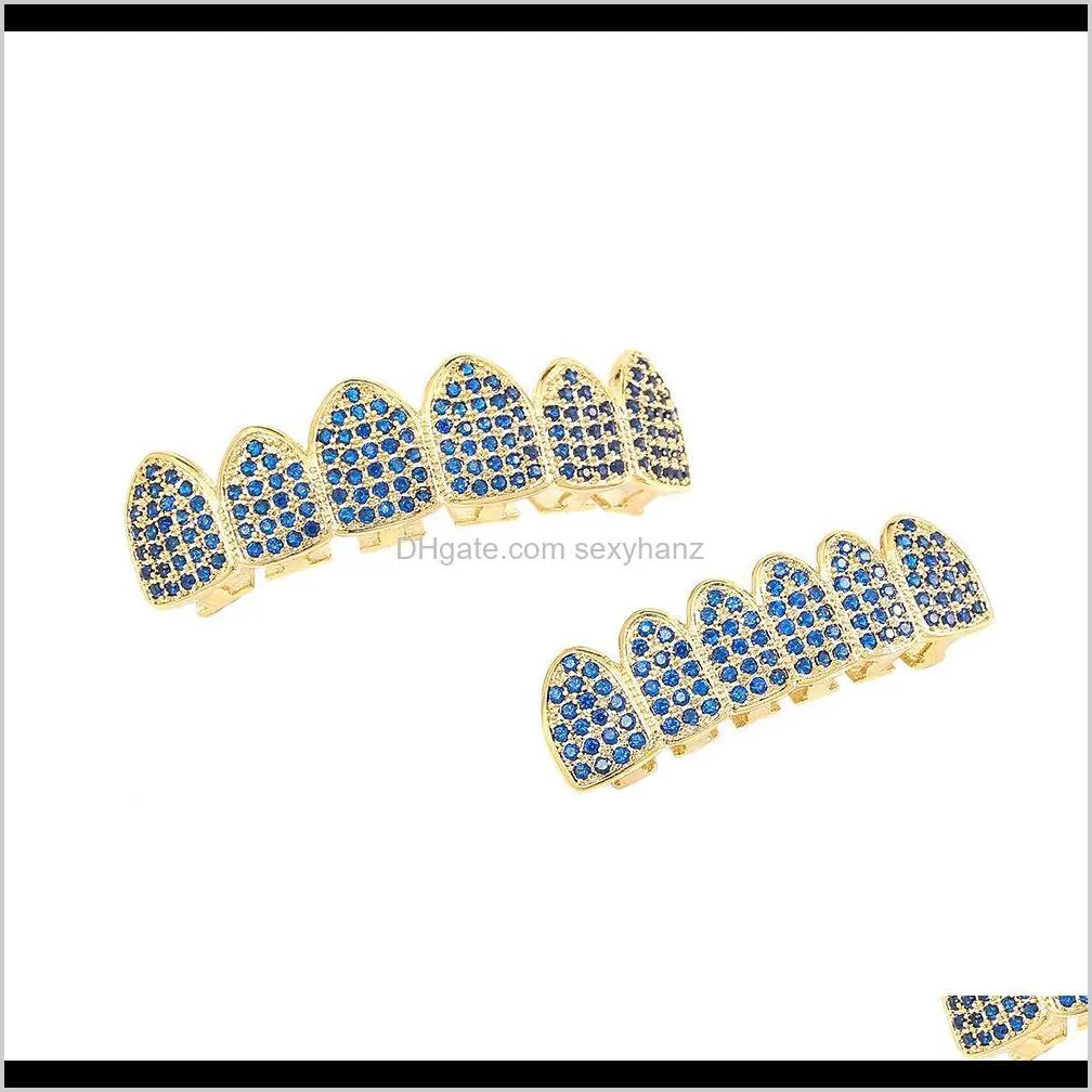 hip hop teeth grillz blue zircon micro zircon golden braces full diamond braces hot selling in europe and america