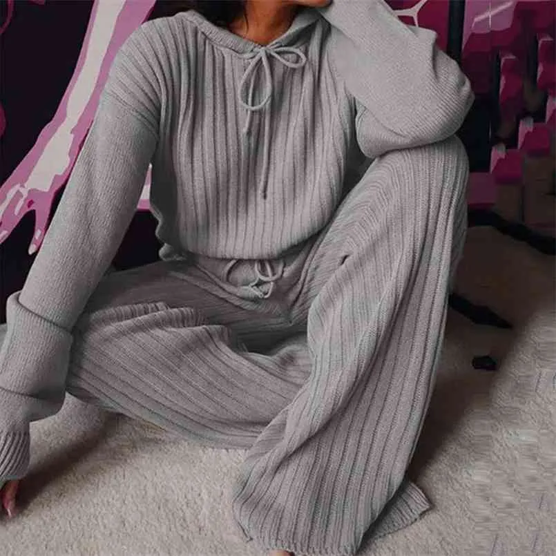 Autumn Winter Knitted Pajama Set Women Hooded Pants Home Suit for Long Sleeve Sleepwear Loose Lounge Wear Ladies 210809