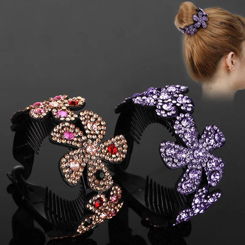 Klopsiki Akcesoria Kobiety Klipy Do Włosów Pazury Pazury Kwiat Rhinestone Kwiat Kwiat Hairpin Bird Nest Floral Bun Banana Ponytail