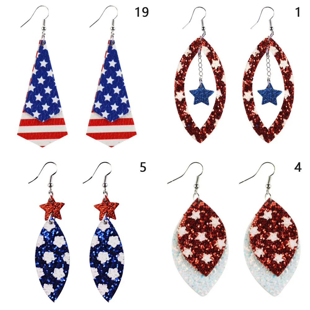 1pair Independence Day American Flag Stars PU Dangle Drop Earrings For Women Jewelry Gifts X0709 X0710