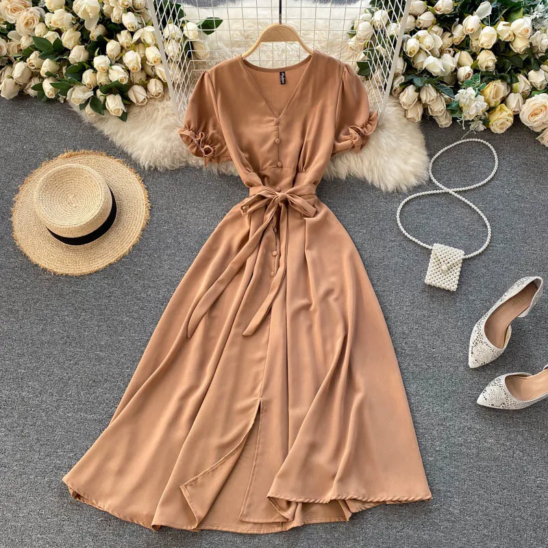 SINGREINY Women Elegant French Dress Summer Puff Sleeve V Neck Solid A-line Office Dresses Fashion Streetwear Split Midi Dress 210419