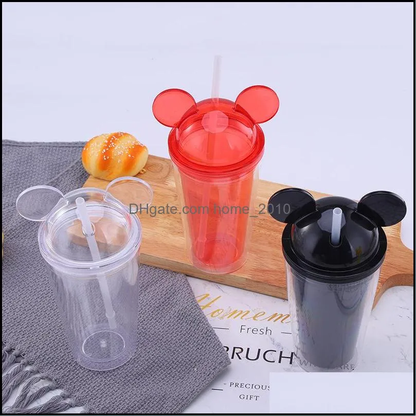 450ML Tumblers cute mouse ears plastic double wall transparent ice water bottle tumbler cup juice summer drink coffee straw bottles