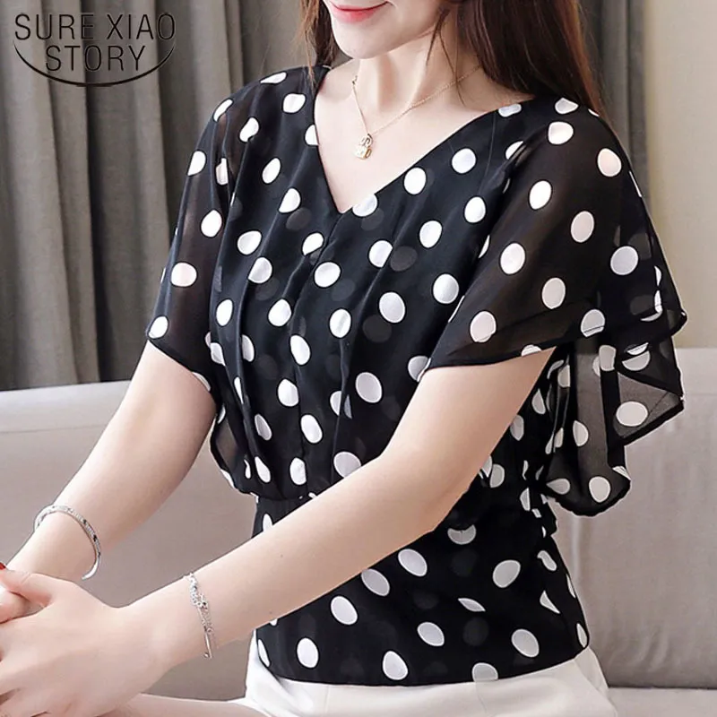 Şifon Kore Moda Giyim Bayanlar Tops Beyaz Gömlek Bluz Kısa Ruffles Polka Dot Harajuku 3097 50 210417