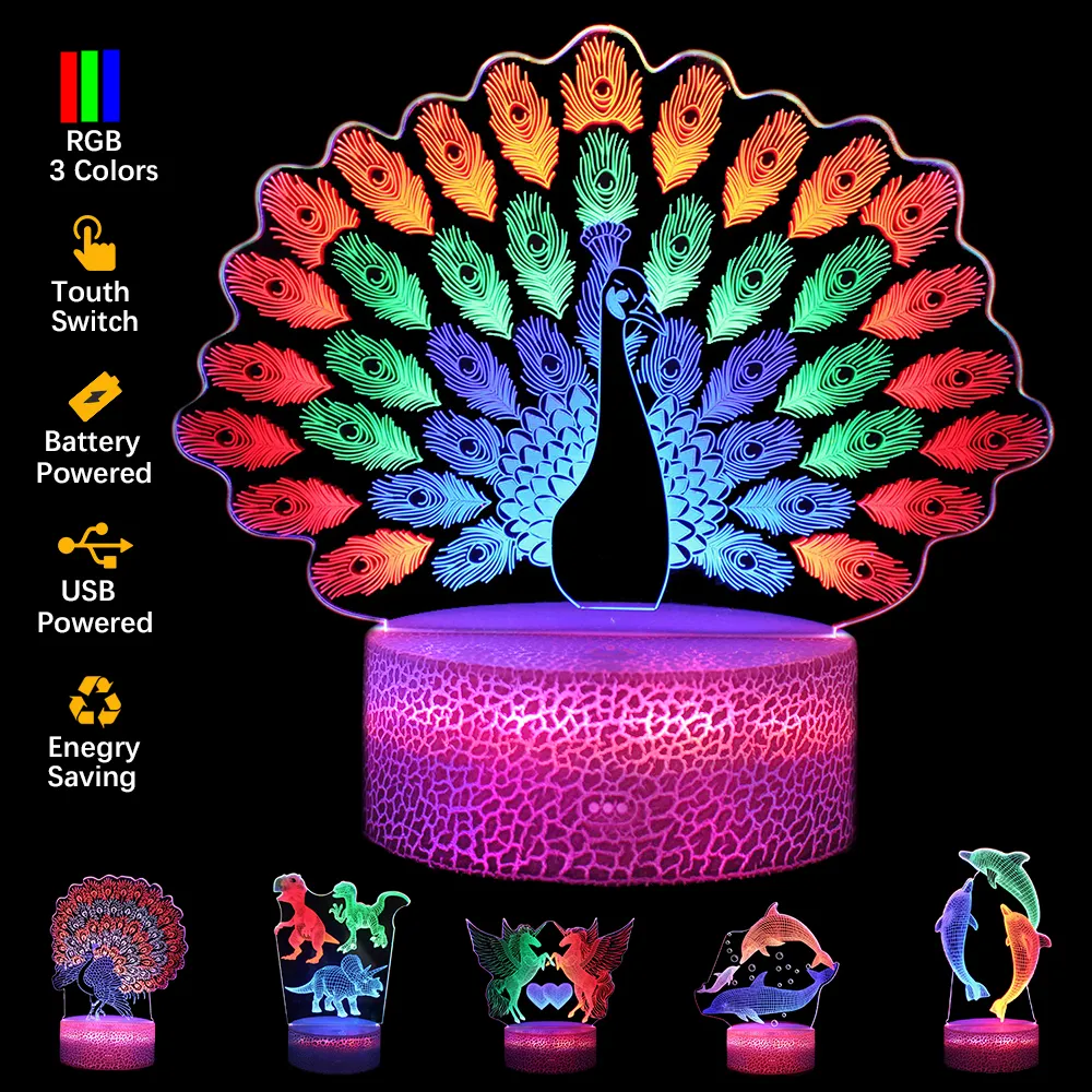 3D Night Lights Colorful 3 Acrylic Plates Multi Shape LED Base Lamp Game Music Basketball Peacock Animal Love Light for Kids Gift Room Store Decoration