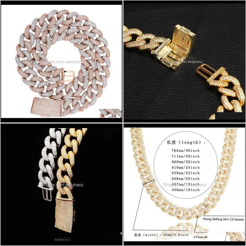 20mm big wide hip hop cubic zirconia bling iced out round  cuban link chain necklace for men rapper jewelry silver rose