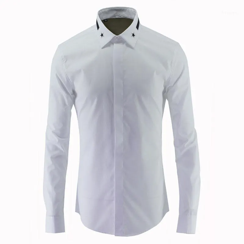 Mannen zwart wit formele bruidegom jurk shirts star borduurwerk revers kraag lente lange mouwen kantoor werk mannelijke tops mannen