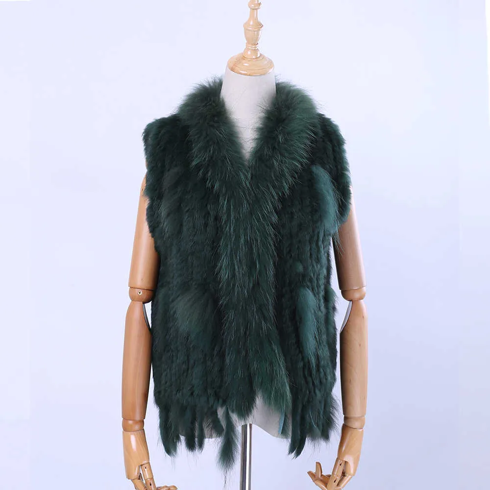 Knitted Rabbit Fur Vest with Raccoon Fur Trim