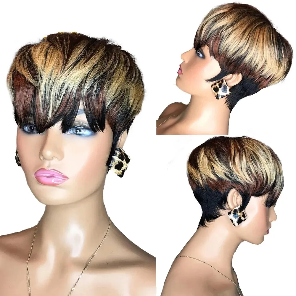 Curto Bob Reto Pixie Cut Nenhum Renda Frente Cabelo Humano Preto/Ombre Loiro Marrom Peruca Com Franja Para Mulheres