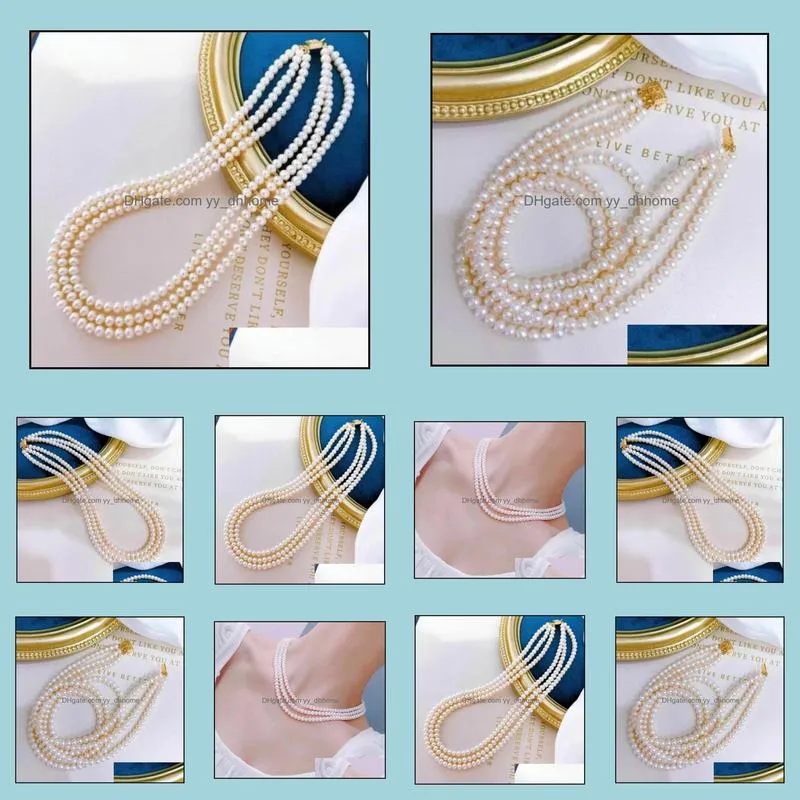 7-8mm White Triple Strands Natural Pearl Beaded Necklace 18-20inch Women`s Gift Bridal Jewelry