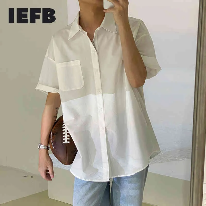 IEFB Verão Stripe Short Manga Camisa Masculina Coreana Chic Solta Cor Sólida Branco Camisas Oversized Lapel Roupas 9Y7429 210524