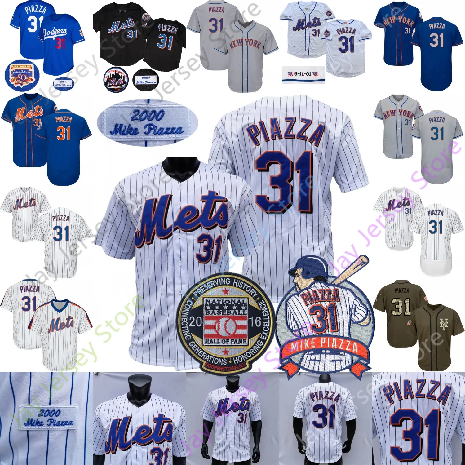 Mike Piazza Jersey 31 2000 2001 Vintage 2016 Hall Of Fame Patch Person Home Away Branco Listrado Pulôver Azul Preto Cinza Todos Costurados