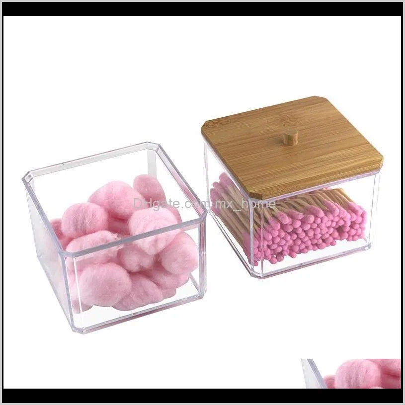 transparent organizer cotton swab storage box organizador acrylic +wood pad cosmetic plastic bathroom boxes & bins