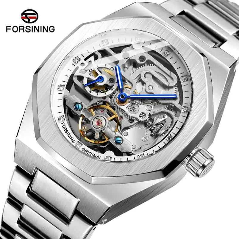 Forsing Fashion Silver Mens Horloges Topmerk Luxe Automatische Mechanische Roestvrijstalen Mode Business Skeleton Horloge 210804