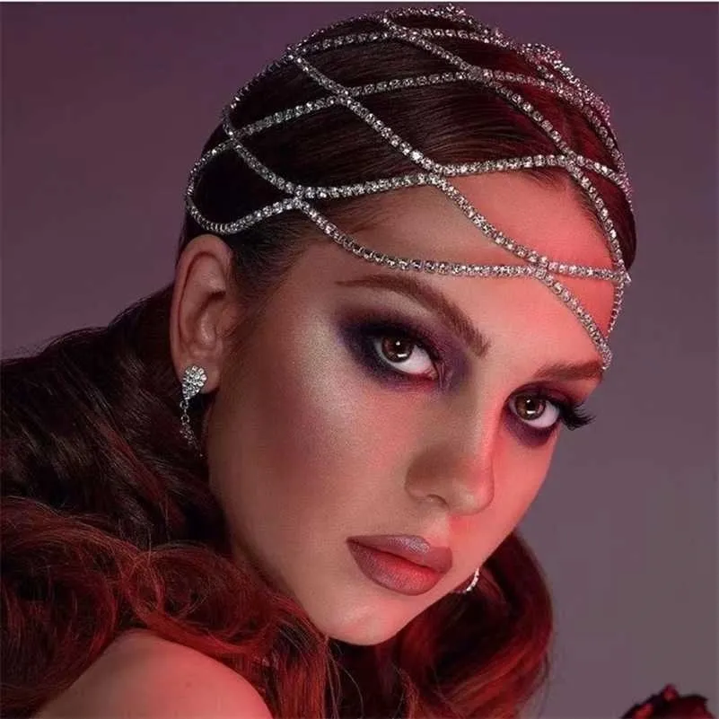 Hollow Mesh Headpiece Wedding Chain Jewelry for Women Luxury Crystal band Cap Hat Hair Accessories 220125