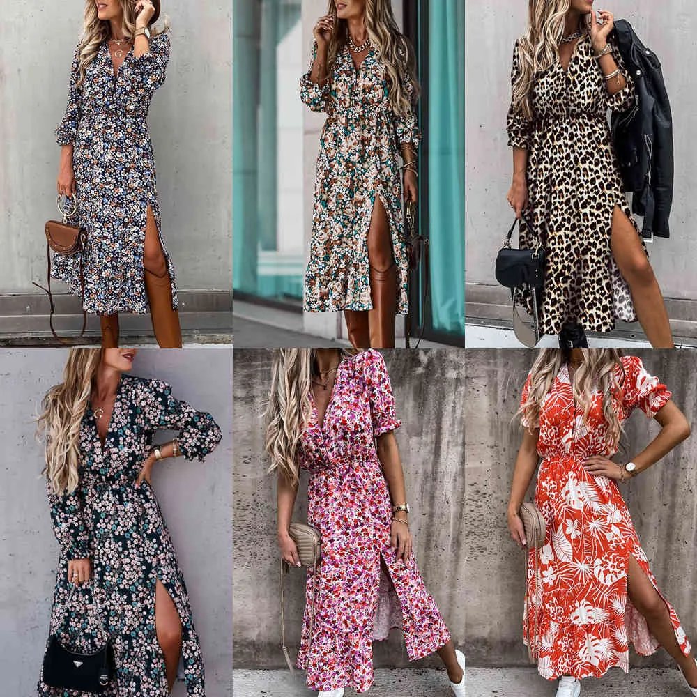 Summer New arrival Floral Pattern Slim Dress Casual Short Sleeve High Waist Dresses Female Sexy V-Neck Outdoor Colorful Dresses X0629