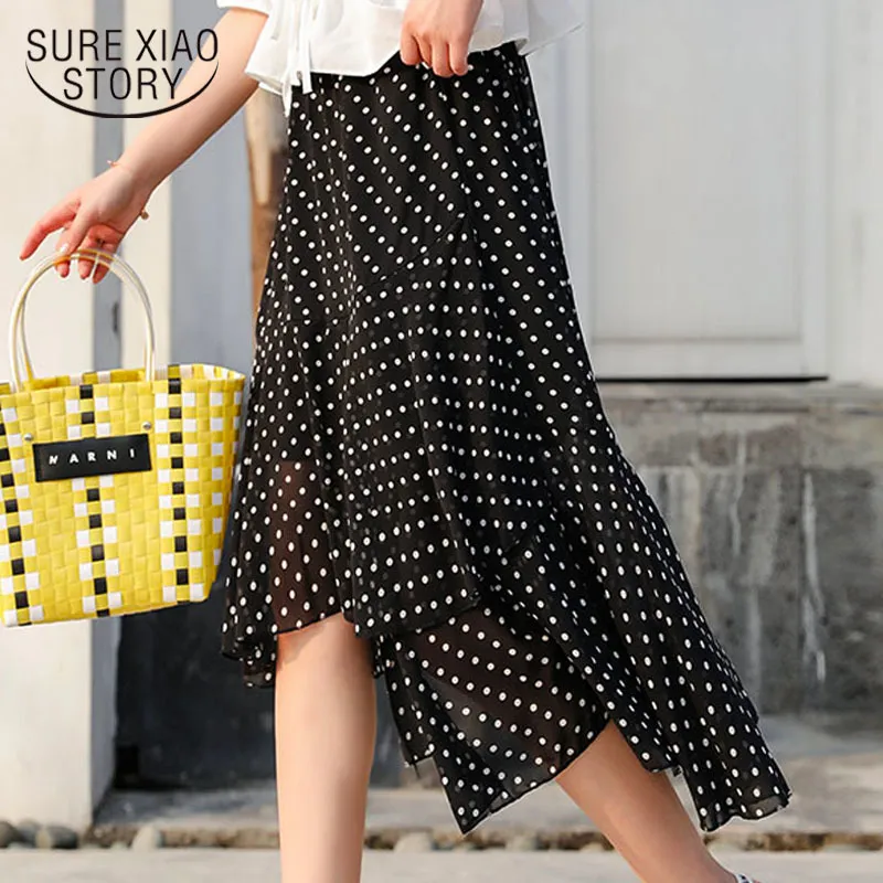 Korean Skirts Women's Faldas Mujer Moda White And Black A-Line Dot Elegant Shirts High Waist Skirt 3035 50 210415