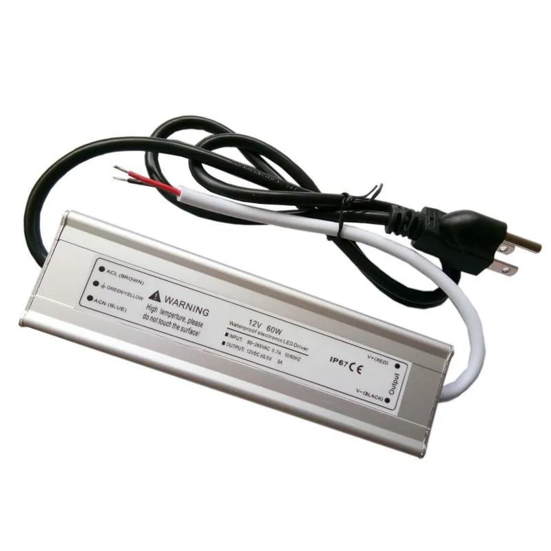 Wysoka jakość DC 12V 5A Zasilanie LED 60W 100W 150W 200W 300 W Transformator Adapter LED 100-265V Wodoodporny transformatory