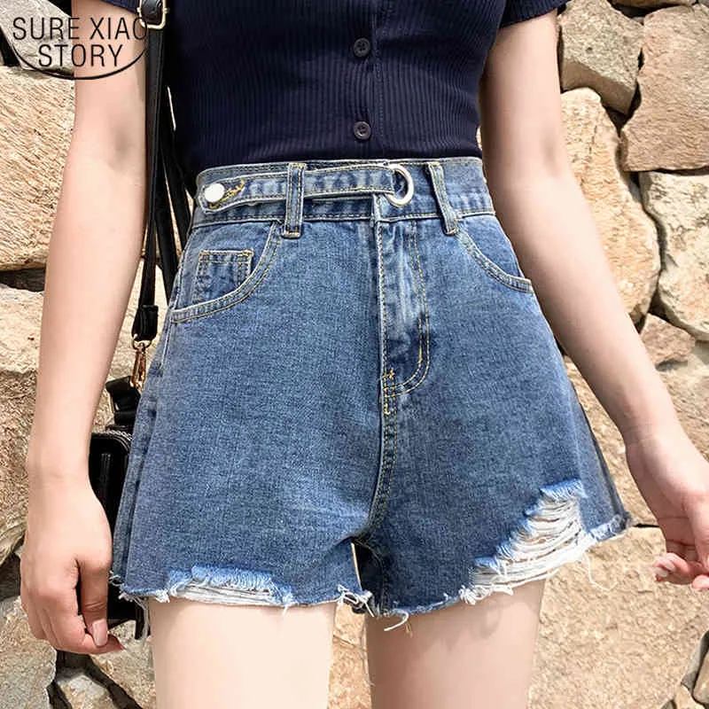 Solid Button Wide Leg Women's Shirts Plus Size Korean Style Ripped Shorts Loose High Waist Slim Straight-Leg 9515 210508