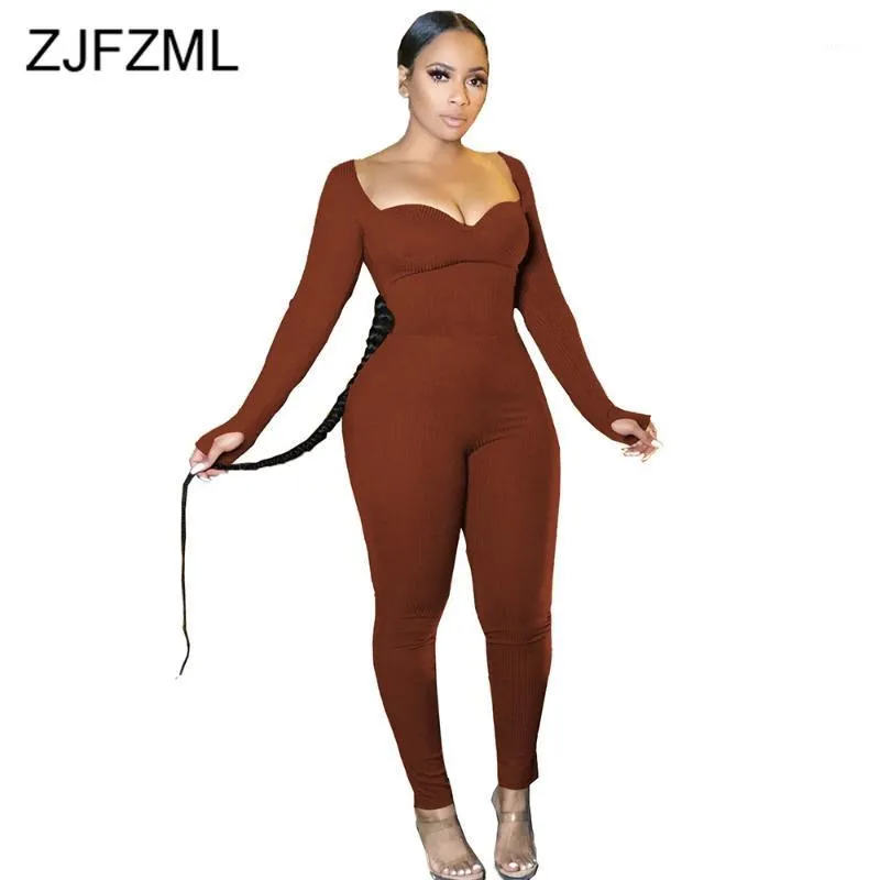 Spring Square Collar Lange mouw Skinny Jumpsuit Mode kleding voor vrouwen Ribbed Knit Elastische Bodycon One Piece Overalls Dames Jumpsuits