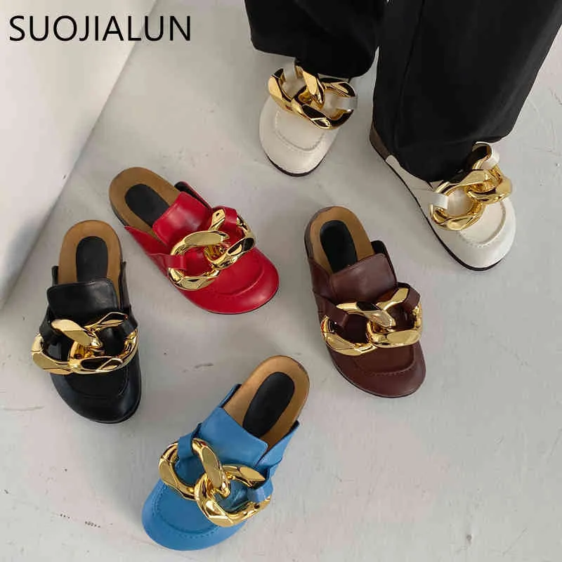 SUOJIALUN New Brand Design Gold Chain Women Slipper Closed Toe Slip On Mules Shoes Round Toe Low Heels Casual Slides Flip Flop