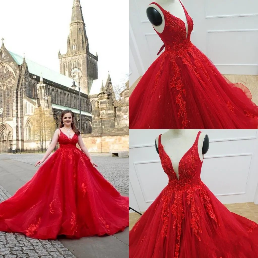 Red Floral Lace Prom Formal Dresses Plus Size Women Spaghetti V-neck Beaded Empire Waist A-line Quinceanera Graduation Evening Gowns Long