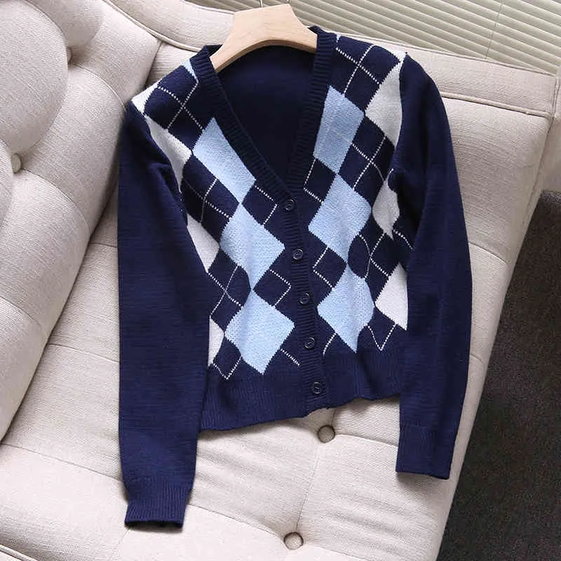 Femmes élégantes col en v bouton pull automne mode dames Plaid femme douce filles Slim Cardigans Chic 210430