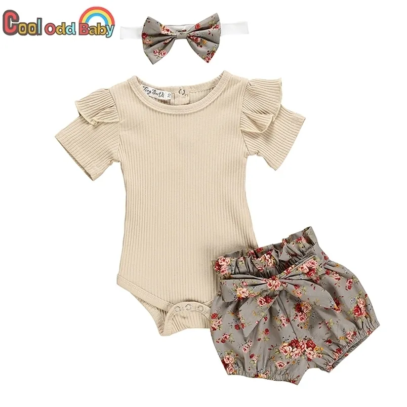 Summer Born Baby Girl Ubrania Zestaw Solid Color Krótki Rękaw Ruffle Romper Topy Spodnie Kwiatowe Pałąk 3 SZTUK Outfits Infant 210816