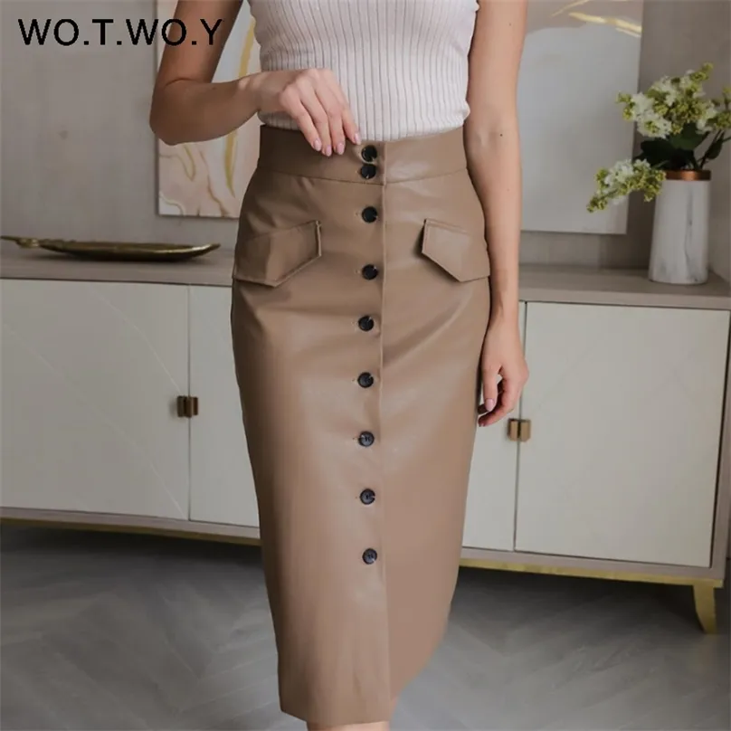 Wotwoy Elengant High Cintura Couro Penci Saia Mulheres Multi Button Envolvido Saias Mujer Faldas Sólidos Pockets Femme Jupes 210629