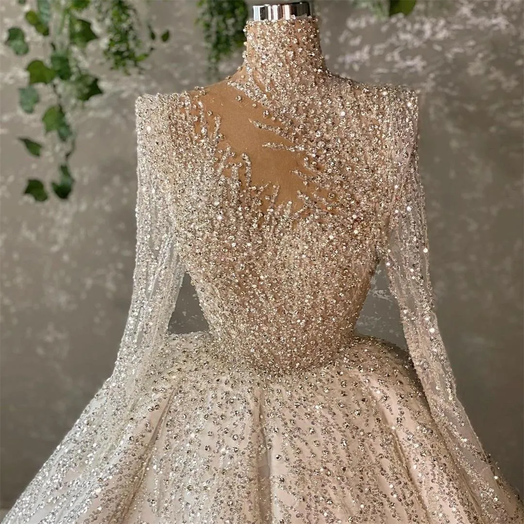 Sparkle Vintage Wedding Dresses Bling Long Sleeve Muslim Bridal Gowns 2022 Fashion Lace Sequined Custom Made Robe de Mariage