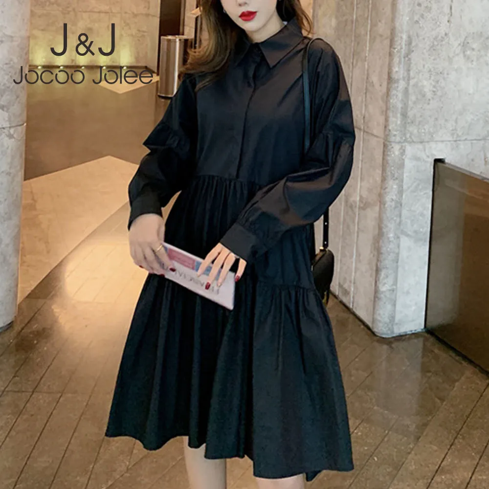 Элегантные рубашки слоеного рукава плиссированные платье женщины длинные рубашки платье повседневная корейская кнопка свободное платье плюс размер а-линия платья 210518