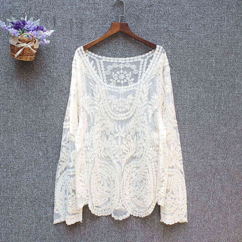 Plus Size Topy Panie Wiosna Summer Sexy Przezroczyste Plaża Cover Up Hollow Out Crochet Koronkowa Koszula Kobiety Z Długim Rękawem Koronki Bluzki H1230