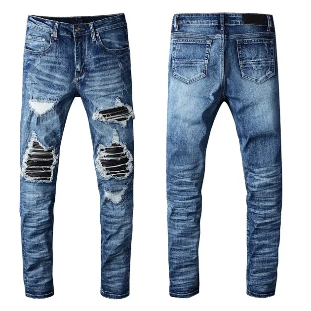 Mens jeans gata bär grossist knä mode blå helt ny designer jean man retro rippad rak motorcykel biker casual slim hip hop berömd denim skinny byxa