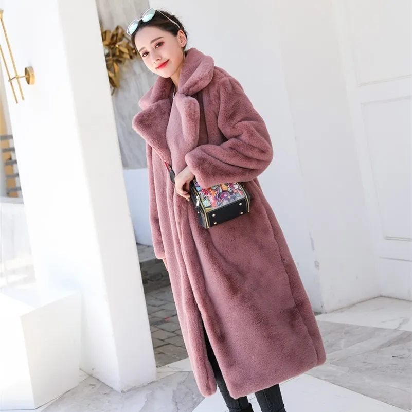 winter female models imitation rabbit fur loose lapels thick warm large size women's plush jacket Covered Button 210416
