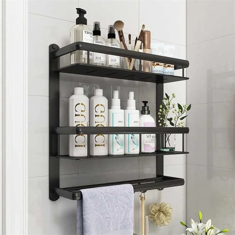 Badkamer Zwarte Plank Aluminium Douche Caddy Hoekplanken Badhanddoekenrek Shampoo Houder met Bar Haak Haardroger 211112