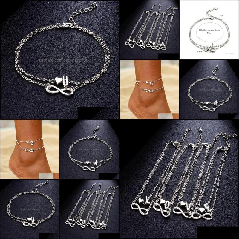 Anklets Boho Initial Anklet Heart Infinity Silver Color Ankle Bracelet On Leg Chain 26 Letter For Women Beach Foot Jewelry