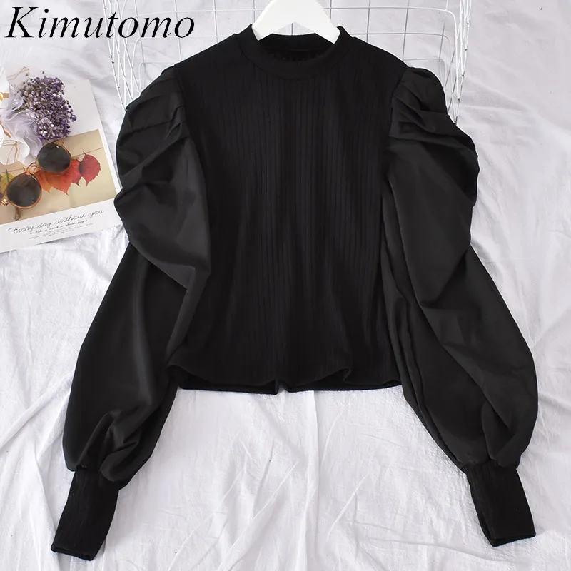 Kimutomo vrouwen blouses herfst mode vrouwelijke o-hals patchworkfake tweedelige shirt slanke bladerdeeg mouw tops elegante 210521