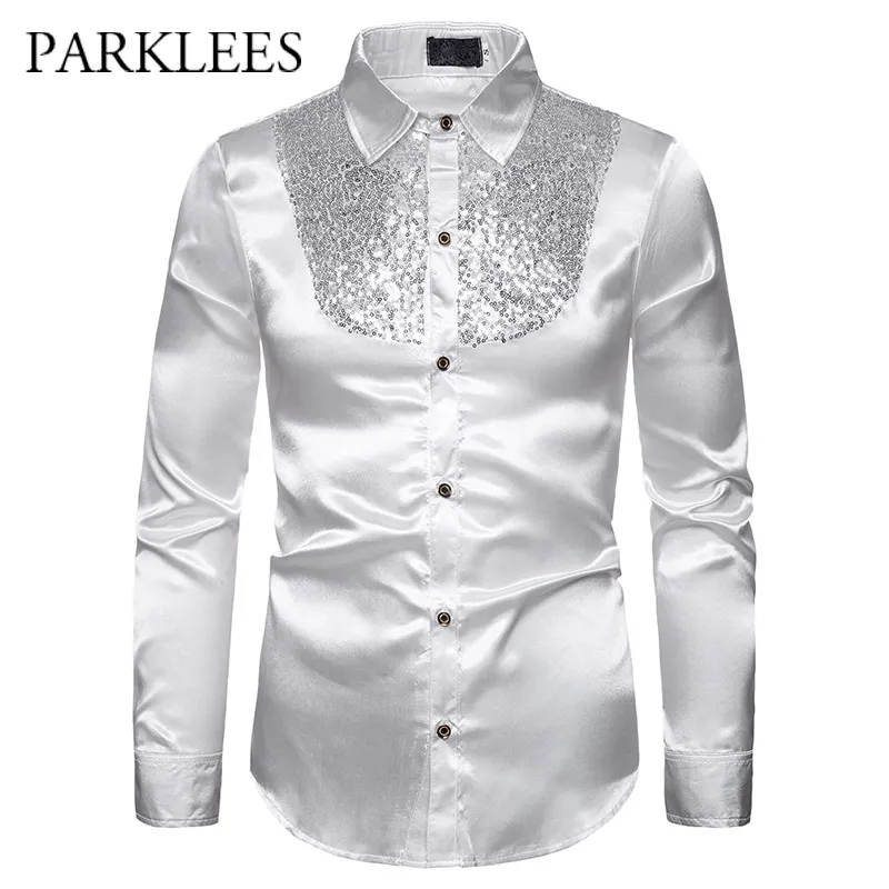 Männer Seide Satin Glattes Hemd Luxus Gold Pailletten Smoking Hemd Party Bühne Leistung Hochzeit Kleid Hemden Chemise Homme 210524