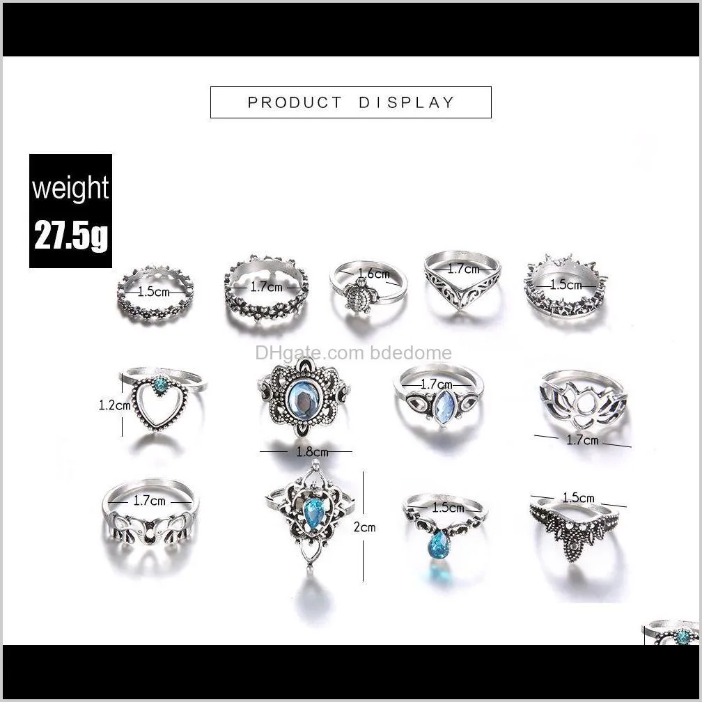  shipping european and american jewelry retro diamond carved crown starry sky gemstone 13-piece combination set ring