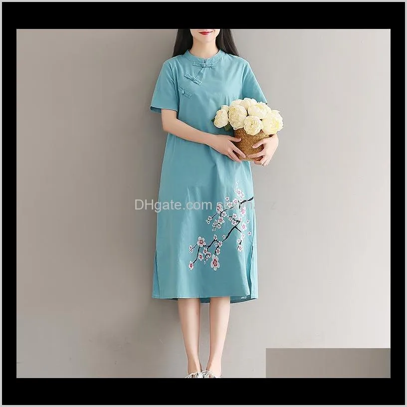 2018 summer lake blue chinese traditional dress women satin qipao blossom flower embroidery dress qipao