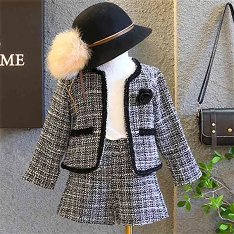 Mädchen Sets Kinder Kleidung Herbst Winter Plaid Koreanische Student Anzug Strickjacke Pullover + Shorts 2 stücke Kinder Outfits 210625