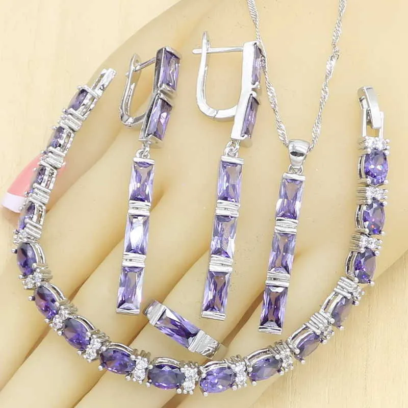 Set di gioielli classici color argento con zirconi viola per bracciale da donna Orecchini lunghi Anelli Collana con pendente Confezione regalo H1022