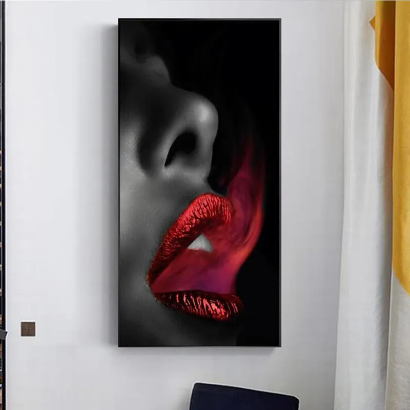 Modular Woman Red Smoke Lips Oil Painting Canvas Wall Art Sexy Abstract ...