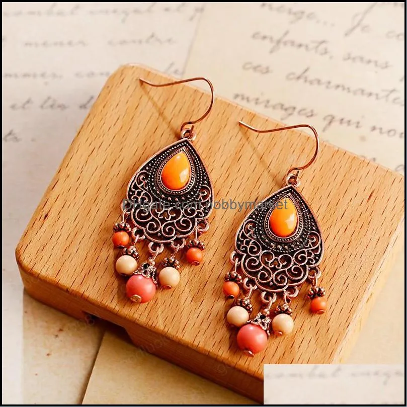 Women`s Bohemian Bronze Dangle Earring Femme Handmade Ethnic Statement Stone Beads Earrings Oorbellen