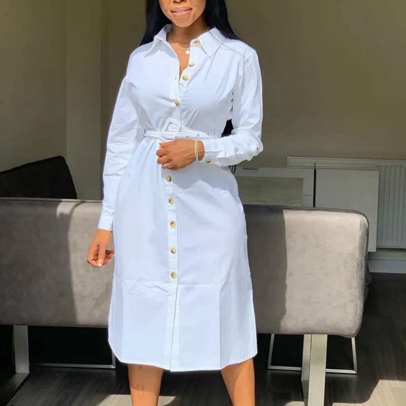 White Shirt Dress Casual Button Up Long Sleeve Mid-Calf A-Line Polyester  Women Spring from Dhgate Basic & Casual Dresses - price 48.43