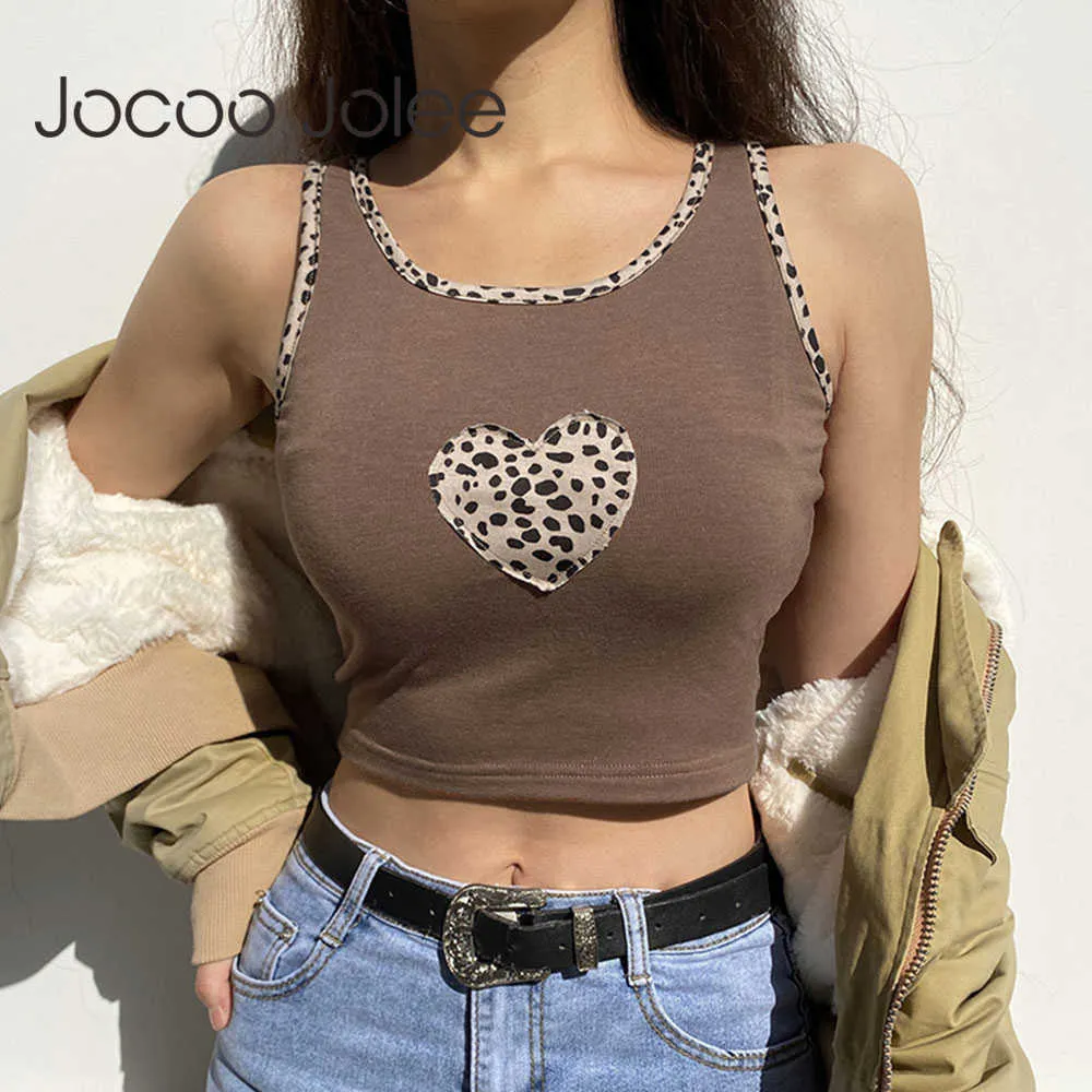 JOCOO JOLEE女性ヒョウハートパッチヴィンテージタンクトップカジュアルノースリーブかわいいクロップトップセクシーなY2Kパッチワークタンクシャツ210619