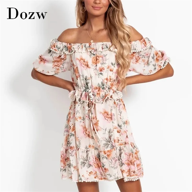 Sexy Off Shoulder Chiffon Mini Jurk Vrouwen Kant Ruches Bloemenprint Boho Strand Korte Mouw Boogdas Party ES 210515