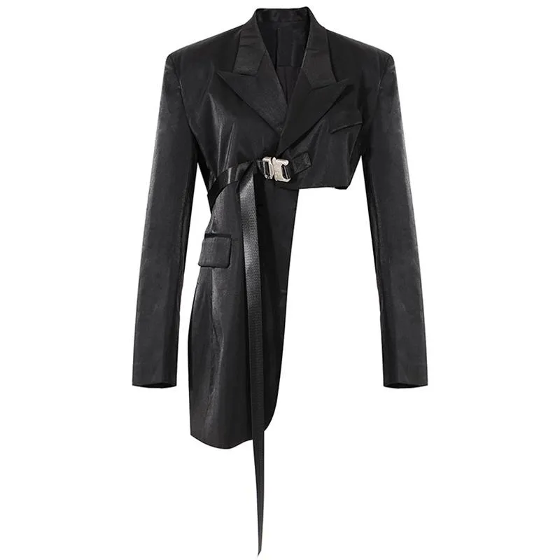 Women's Suits & Blazers Black Buckle Irregular Women Elegant Lapel Long Sleeve Loose Fit Jackets Fashion Tide Spring Autumn 2021 Womens